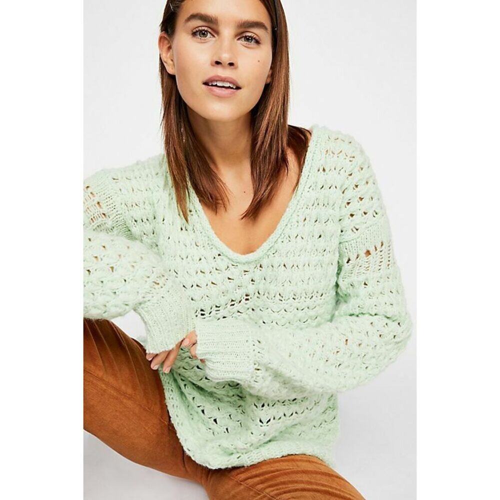 Free People Mint Green Open Knit V-Neck Sweater